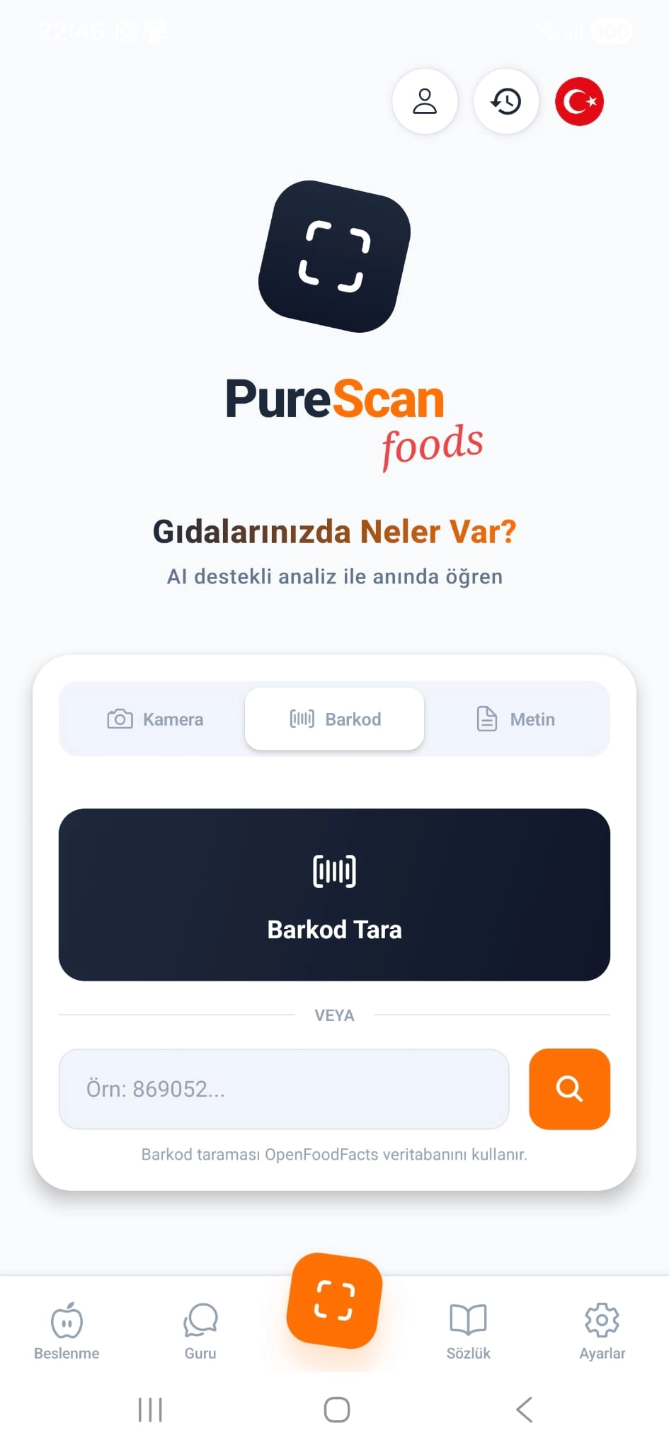 PureScan Foods uygulama arayüzü