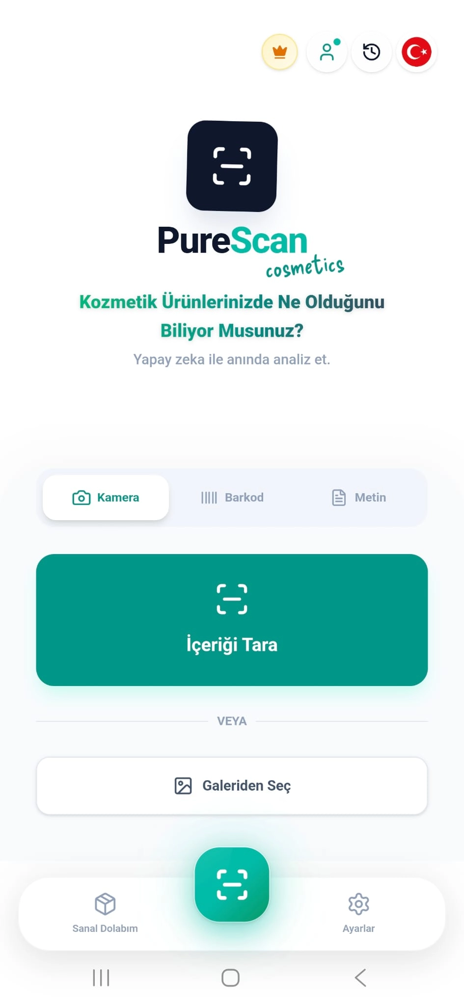 PureScan Cosmetics uygulama arayüzü